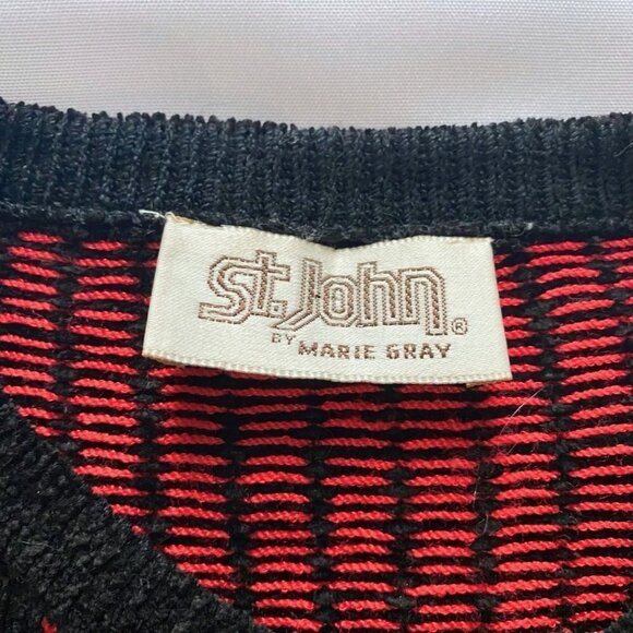 ST JOHN BY MARIE GRAY BLACK RED STRIPED CHENILLE KNIT CARDIGAN - Picture 6 of 9